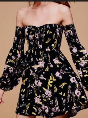 Free People Black Floral Off-Shoulder Long-Sleeve Mini Dress